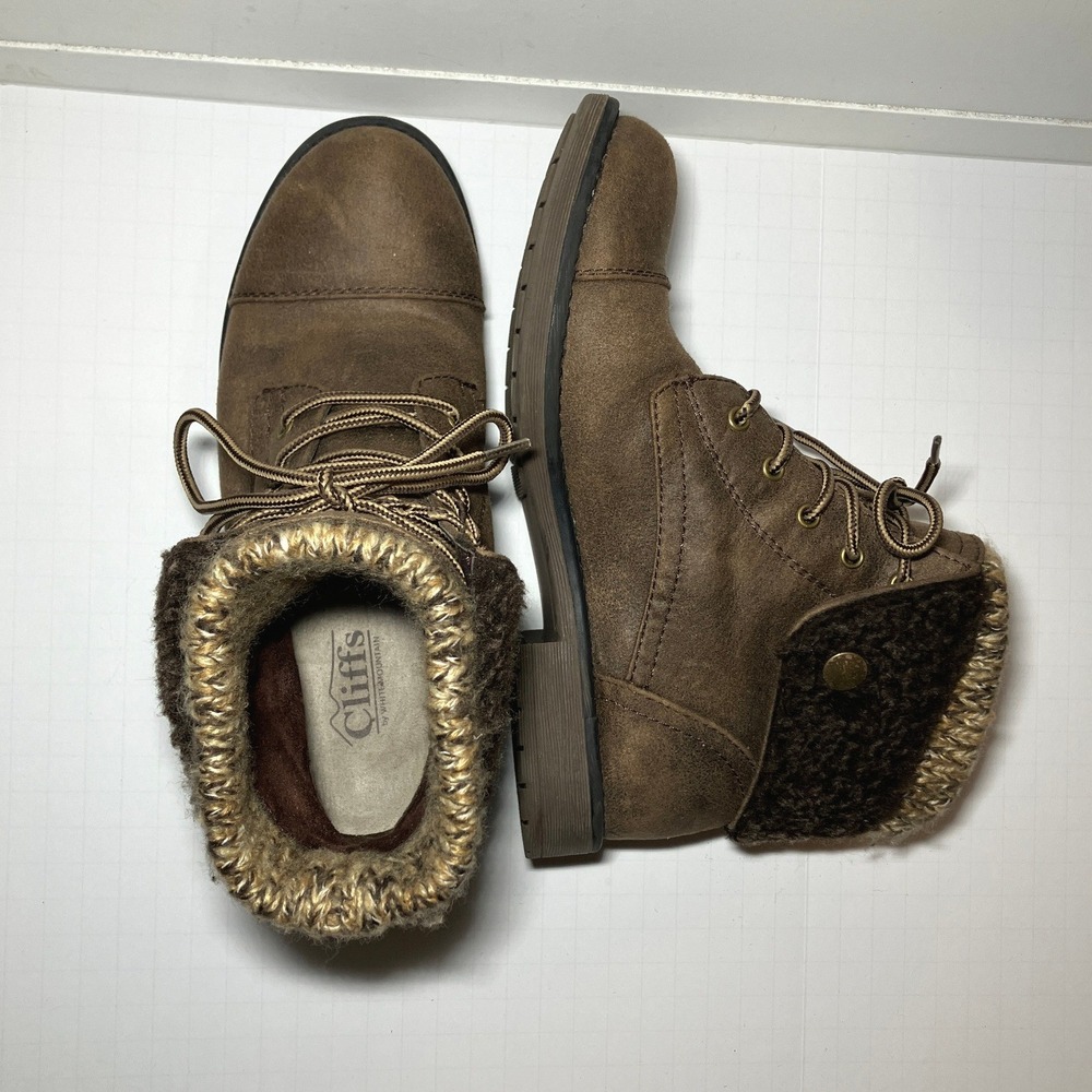 Cliffs by White Mountain Women's Brown Faux Suede Knit Cuff Lace Up Boots Sz 6.5